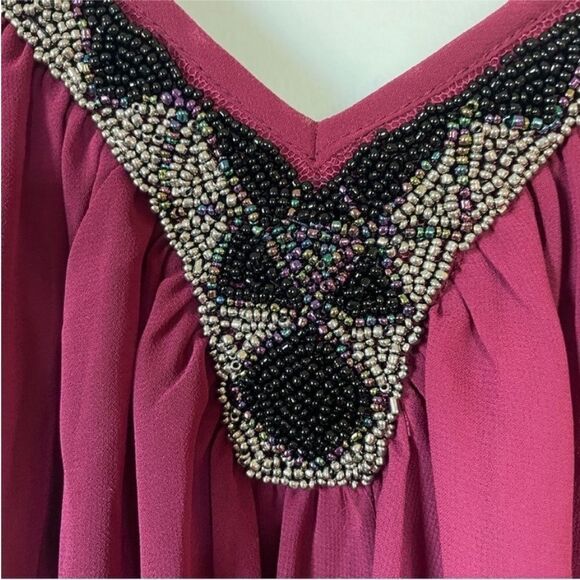 Express Dark Red Beaded Collar Mini Dress size XS Pleated Dark Romantic Vamp - Picture 3 of 14